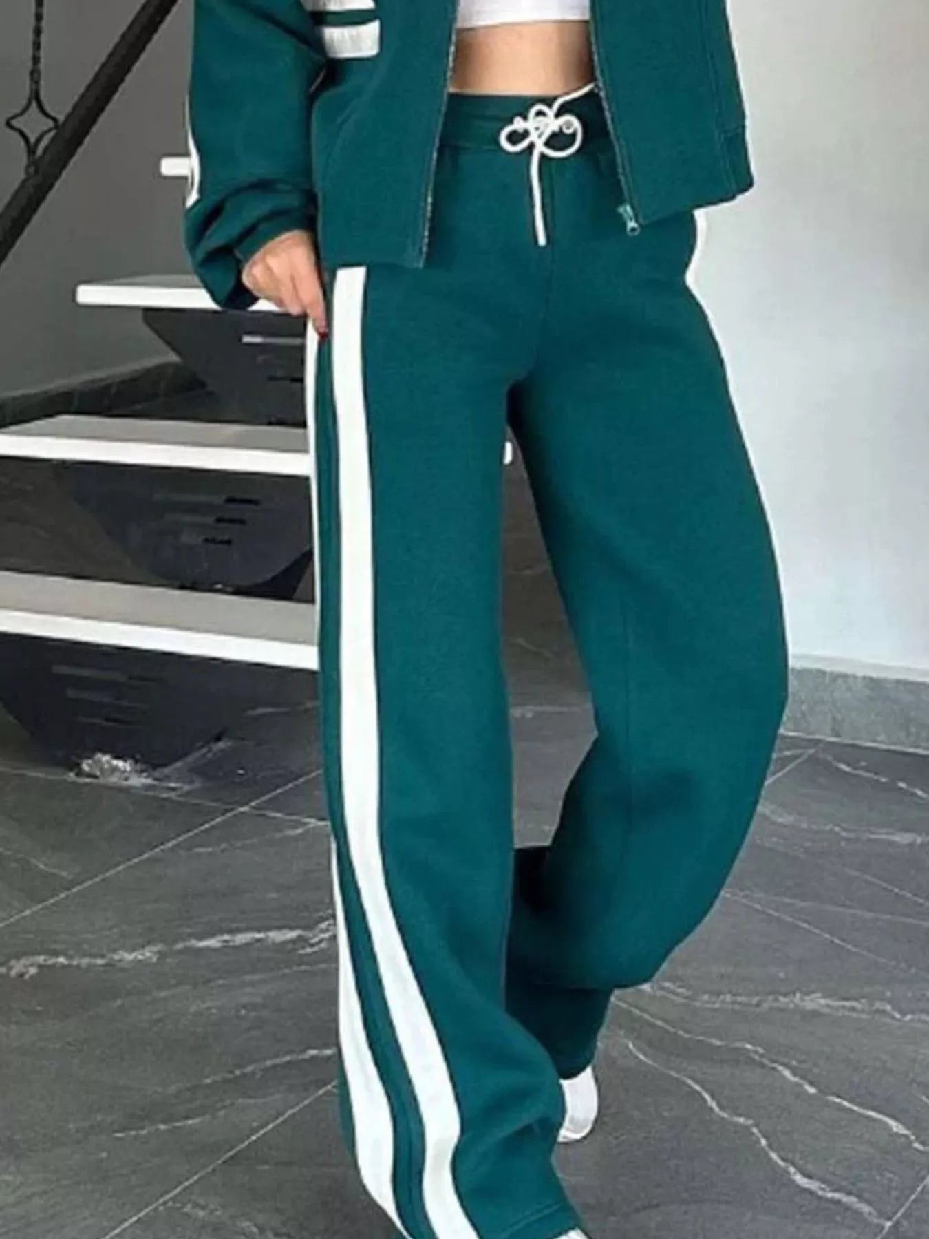 Full Size Striped Zip Up Outerwear and Pants Set Plus Size