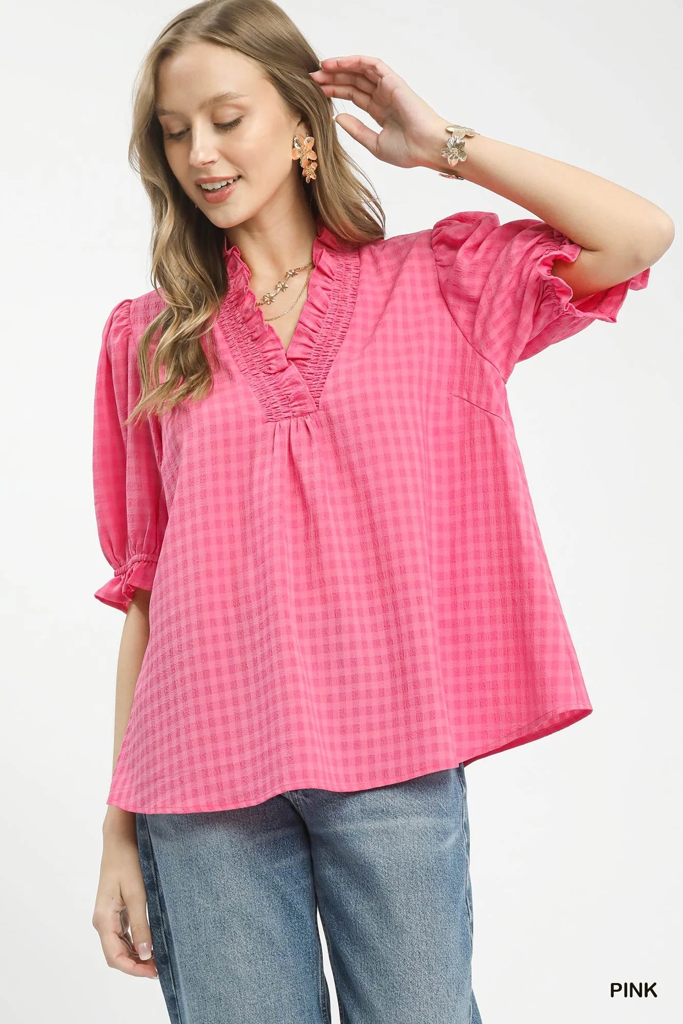 Umgee Textured Check Ruffle V-Neck Blouse