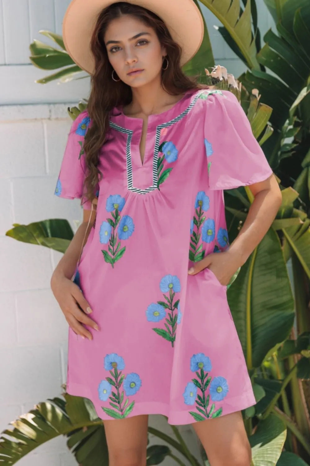 Floral Notched Summer Mini Dress with Striped Trim