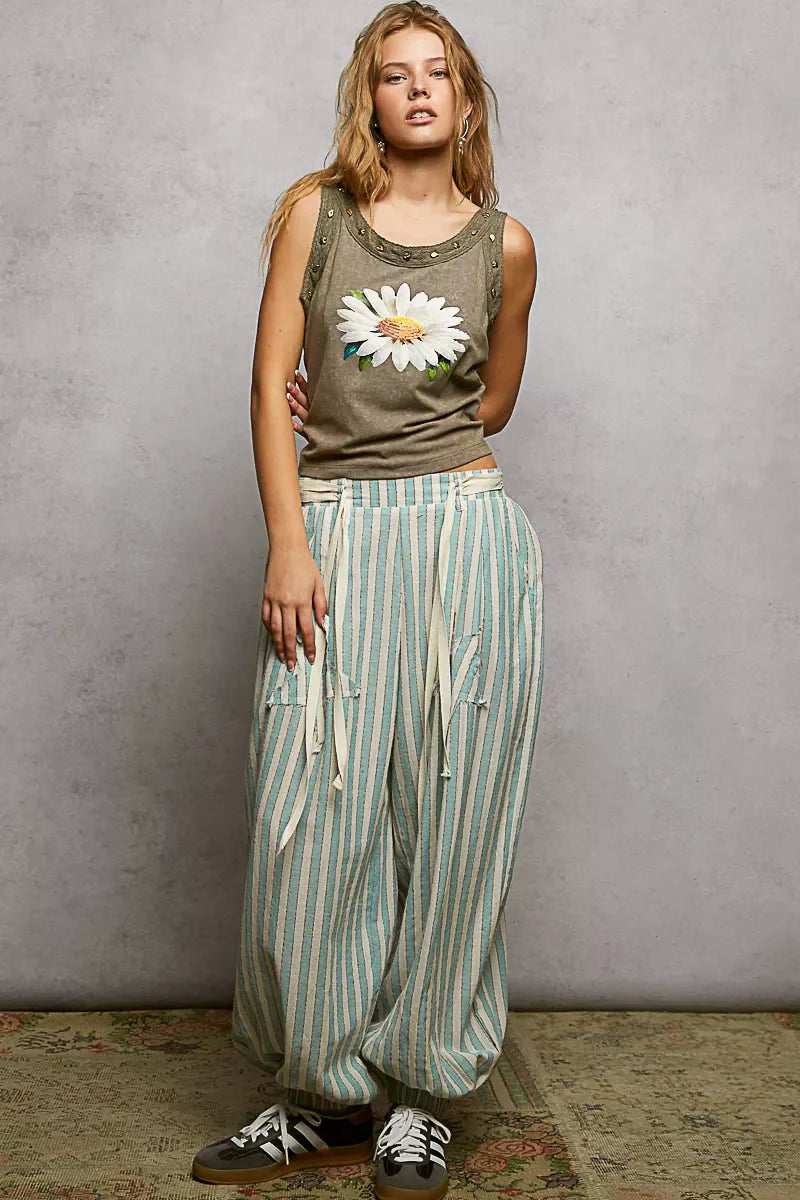 POL Washed Floral Stud Round Neck Slim Tank