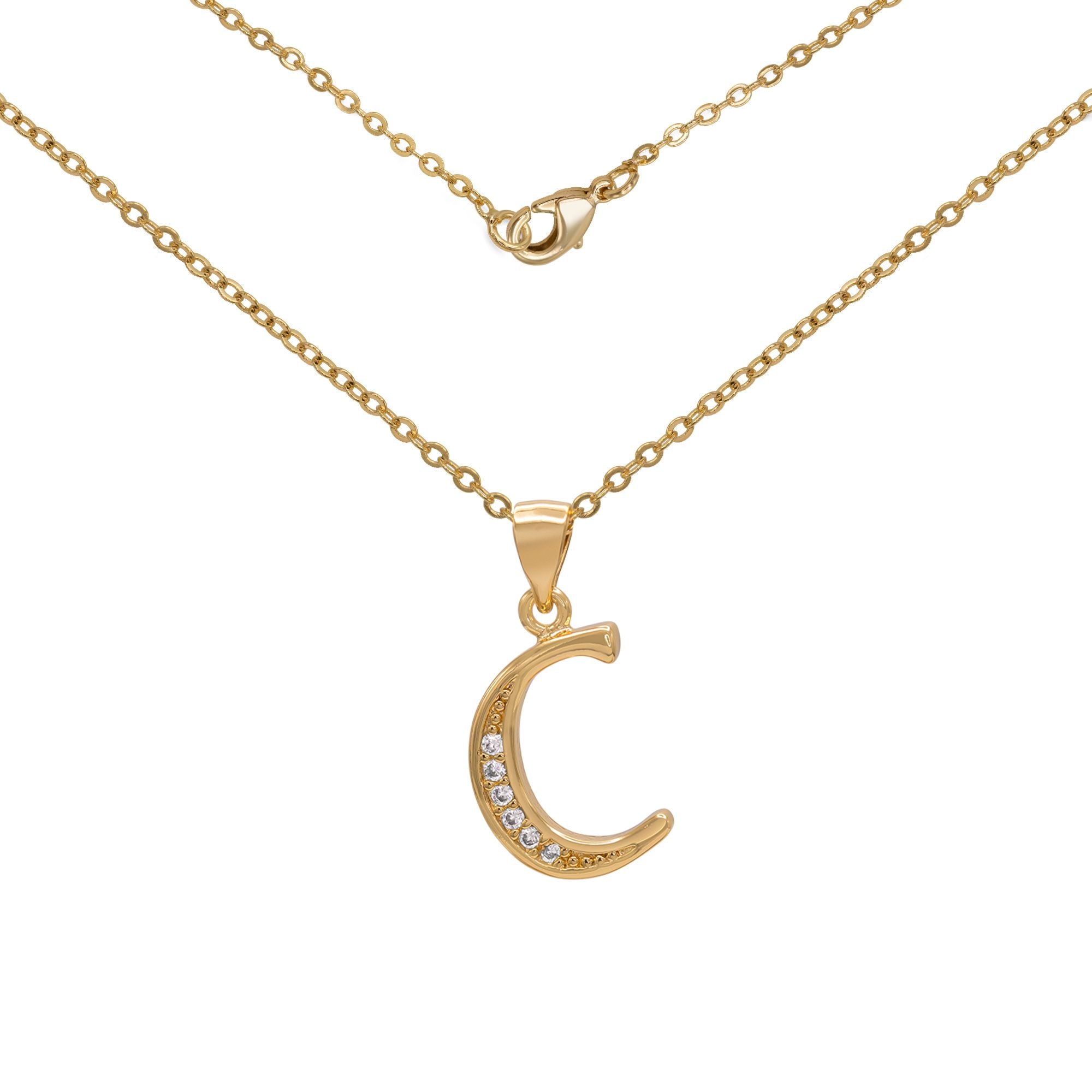Initial Letter Pendant With Cubic Zirconia 18K Gold Filled Alphabet CZ Charm Rolo Chain Set 18" Necklace Women Girl Teen