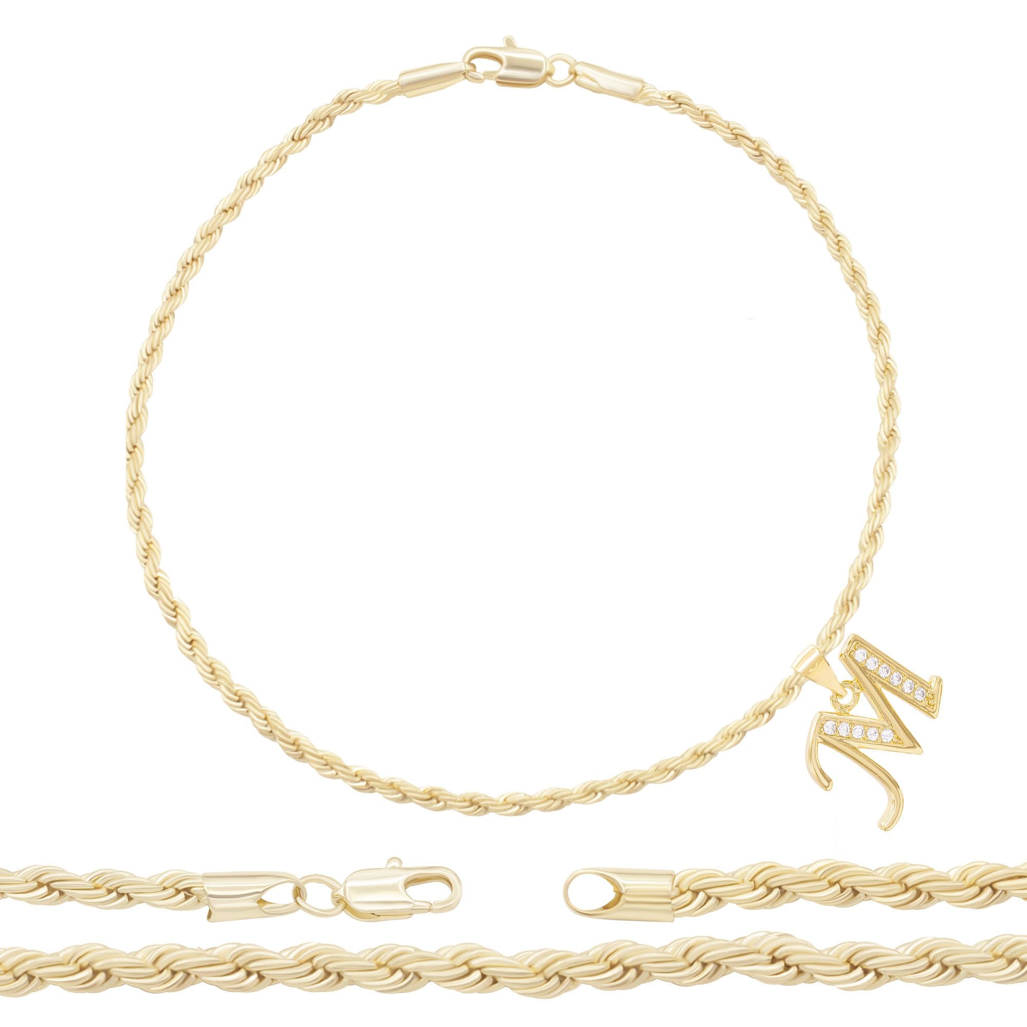 A-Z Initial Letter Pendant 14K Gold Filled Cubic Zirconia Rope Chain Anklet 10" Set 2.4 mm  Women Jewelry