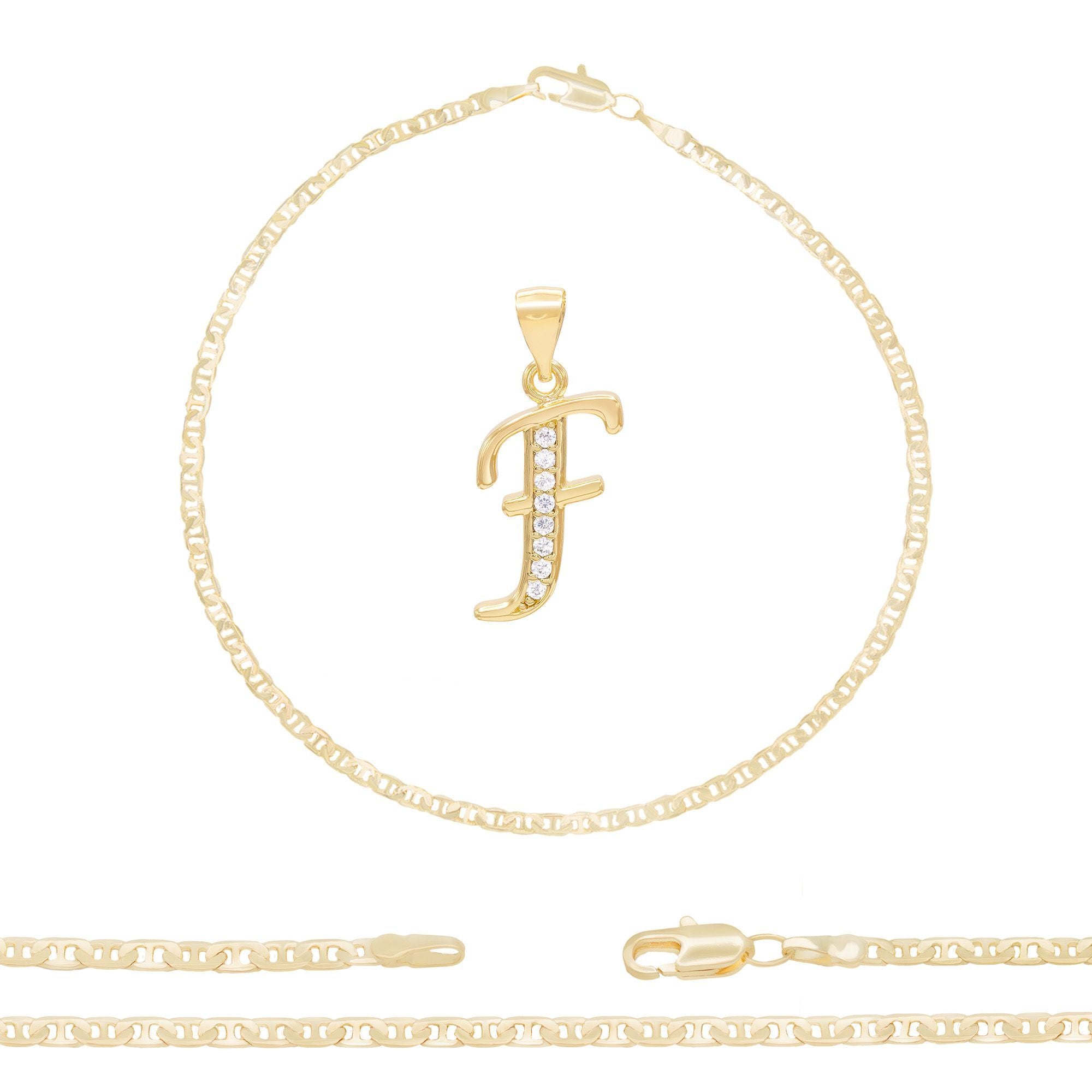A-Z Initial Letter Pendant 14K Gold Filled Cubic Zirconia Mariner Chain Anklet 10" Set 3 mm  Women Jewelry
