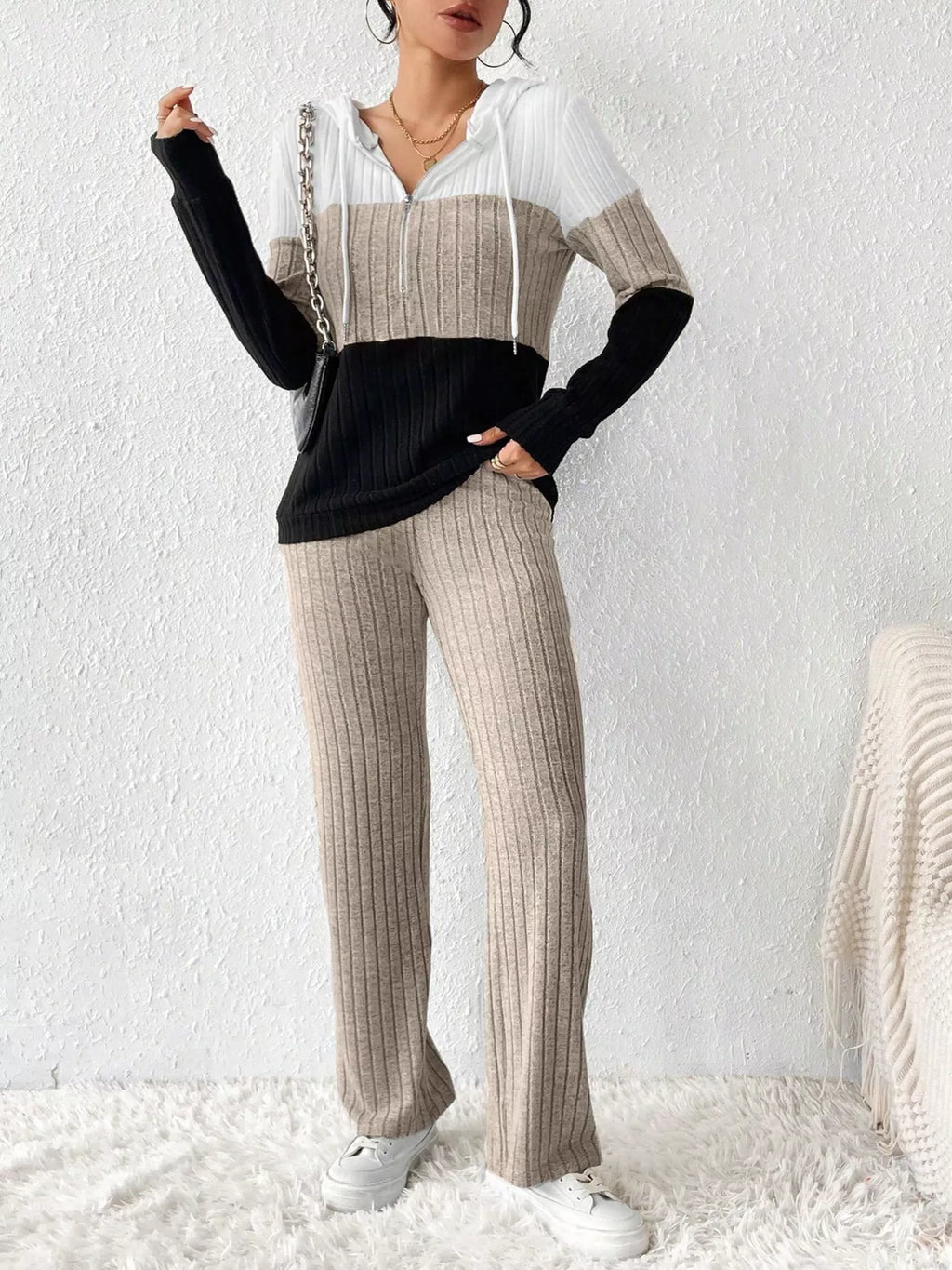 Color Block Half Zip Hooded Top and Pants Set