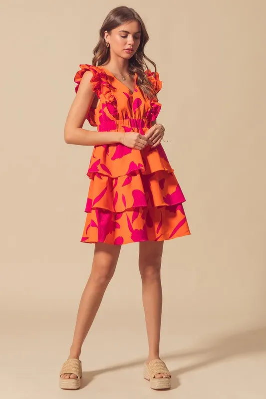SO ME Floral V Neck Layered Dress with Elasticized Waist