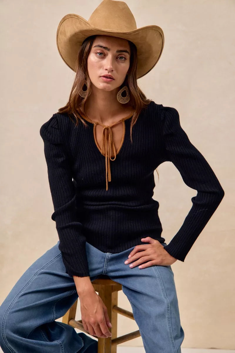 BiBi Ribbed Contrast Front Tied Top with Shrried