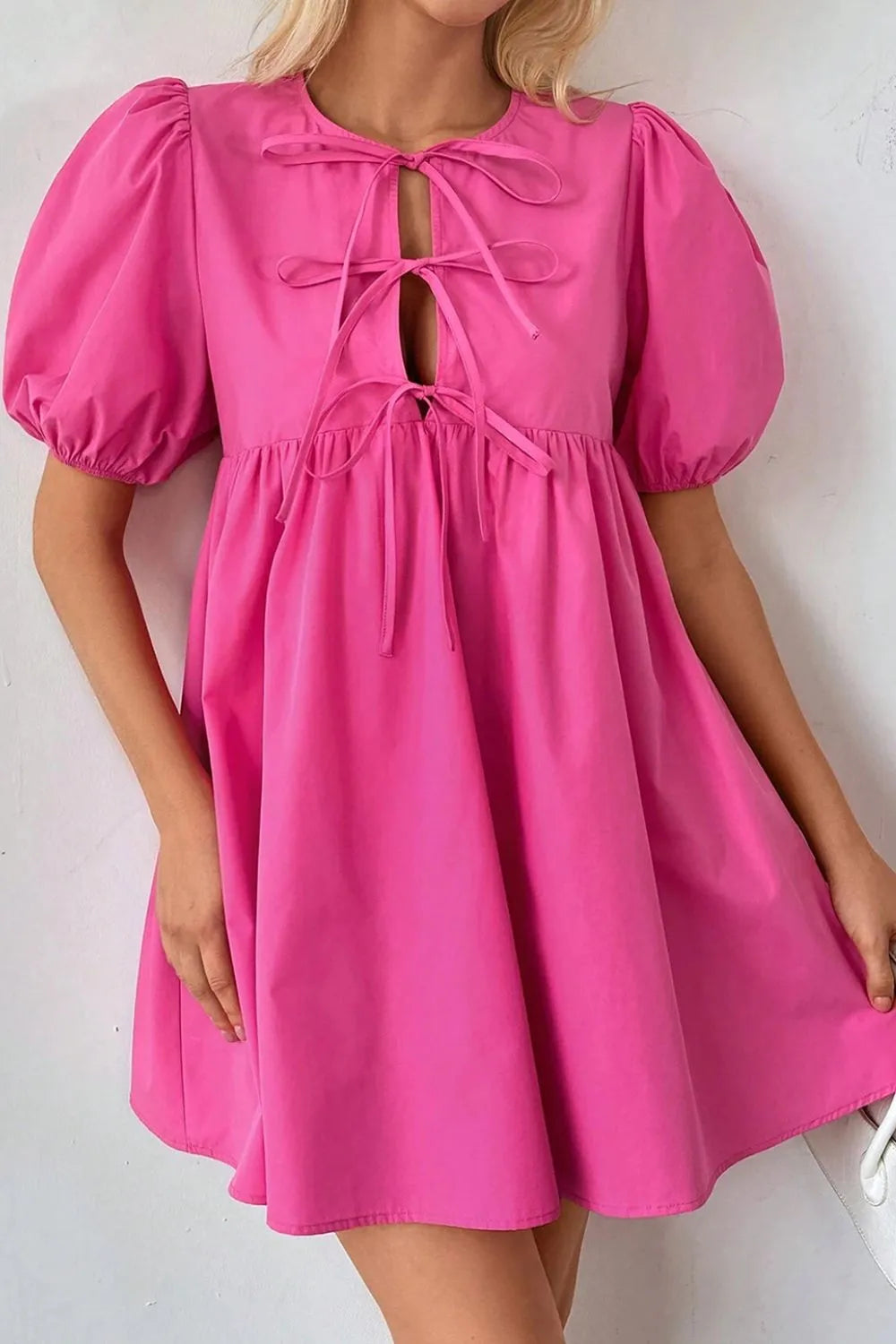 Puff Sleeve Tie Front High Waist Mini Dress