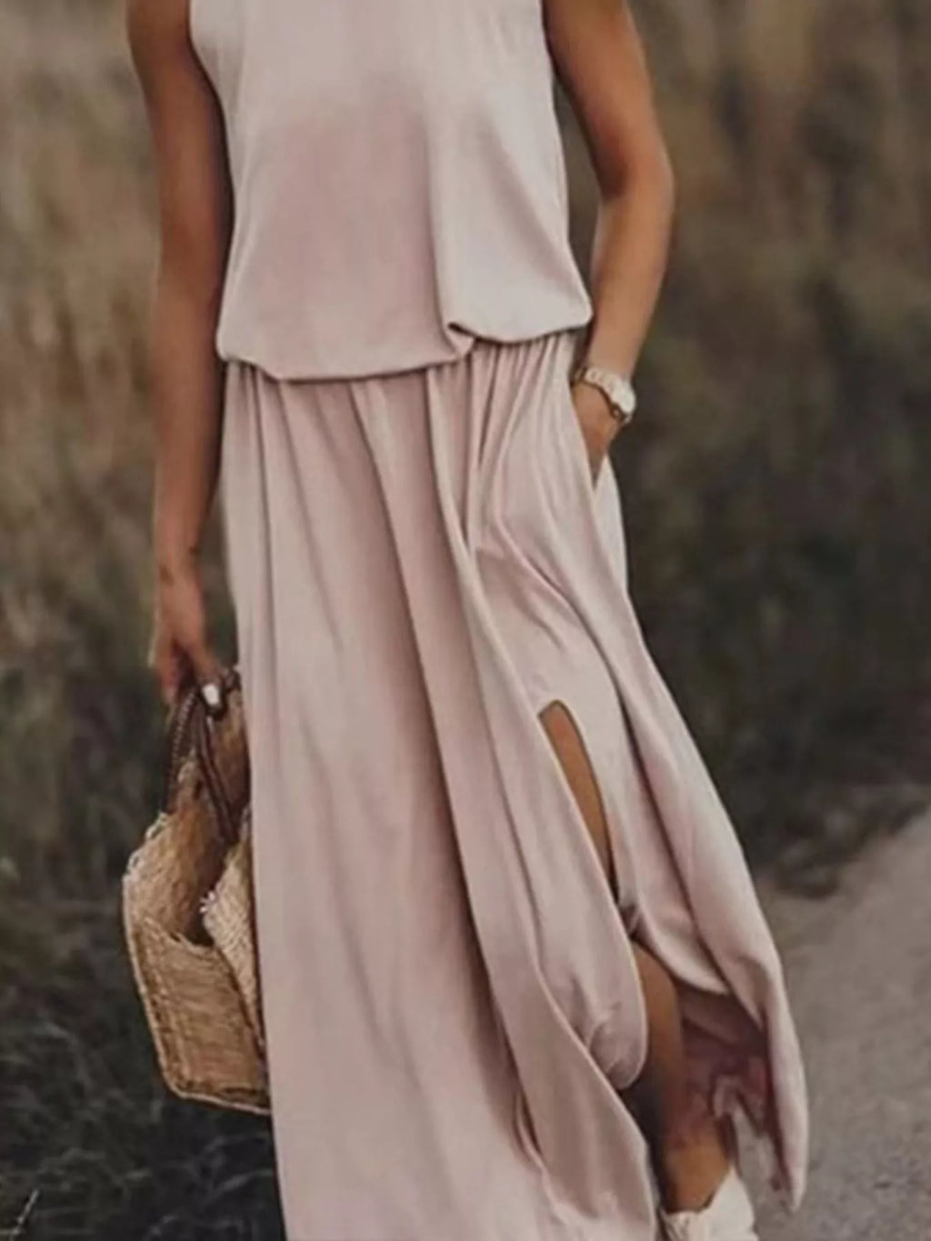 Full Size Round Neck Sleeveless Slit Maxi Dress Plus Size