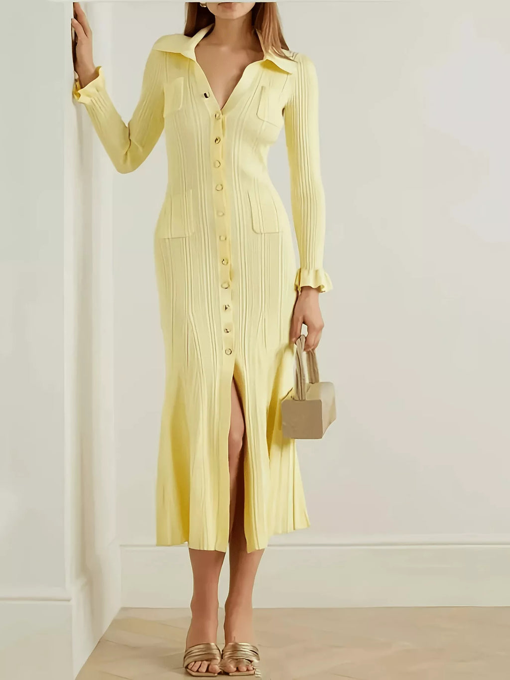 Button-Down Flounce Sleeve Sweater Dress