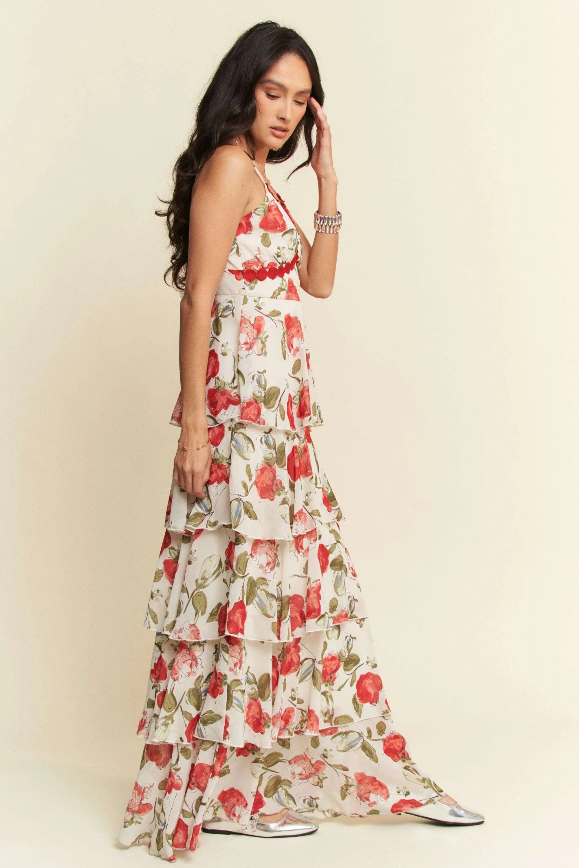Davi & Dani Contrast Ring Lace Layered Ruffle Maxi Cami Dress