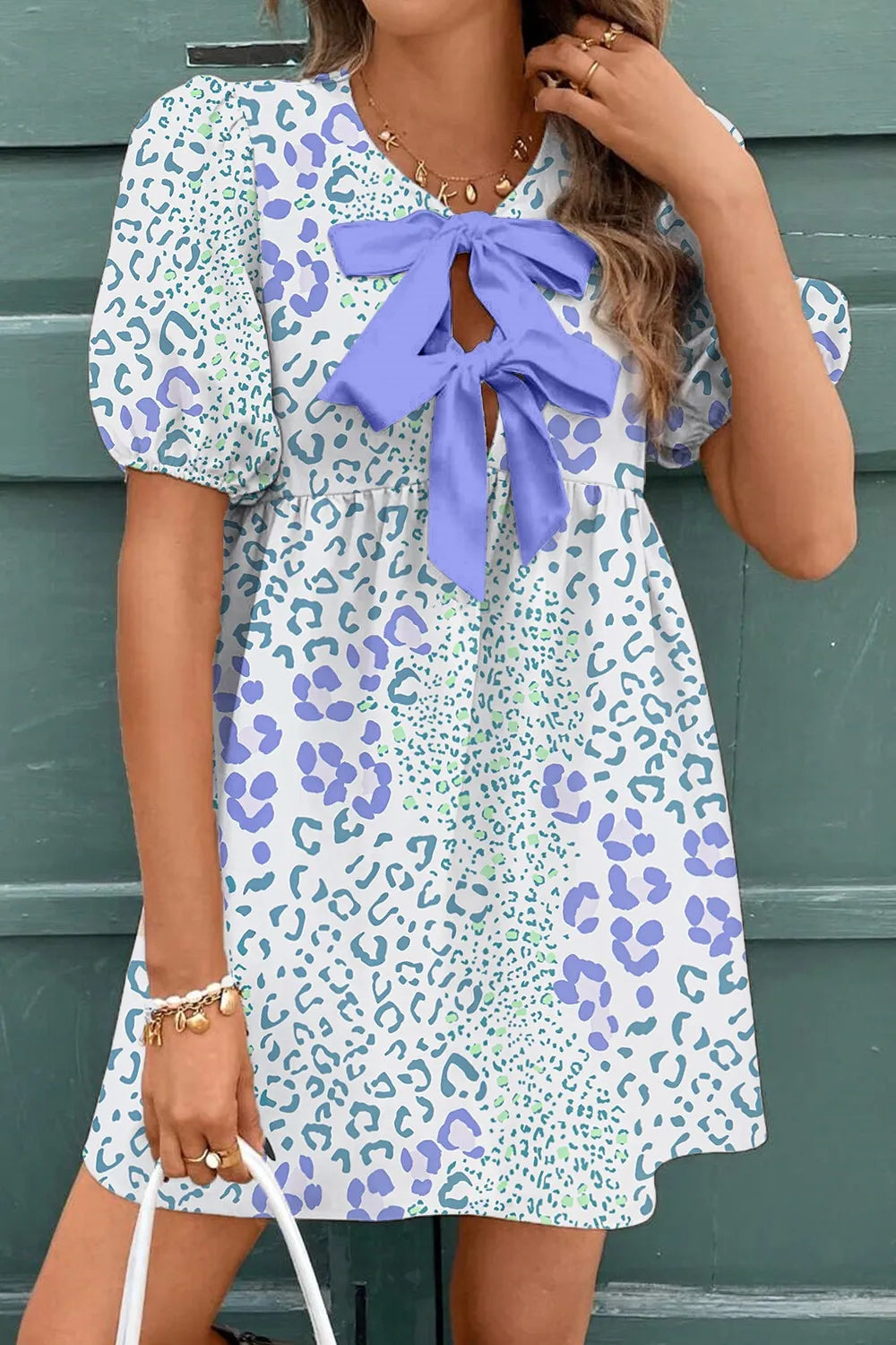 Leopard Print Bow Front Puff Sleeve Mini Dress