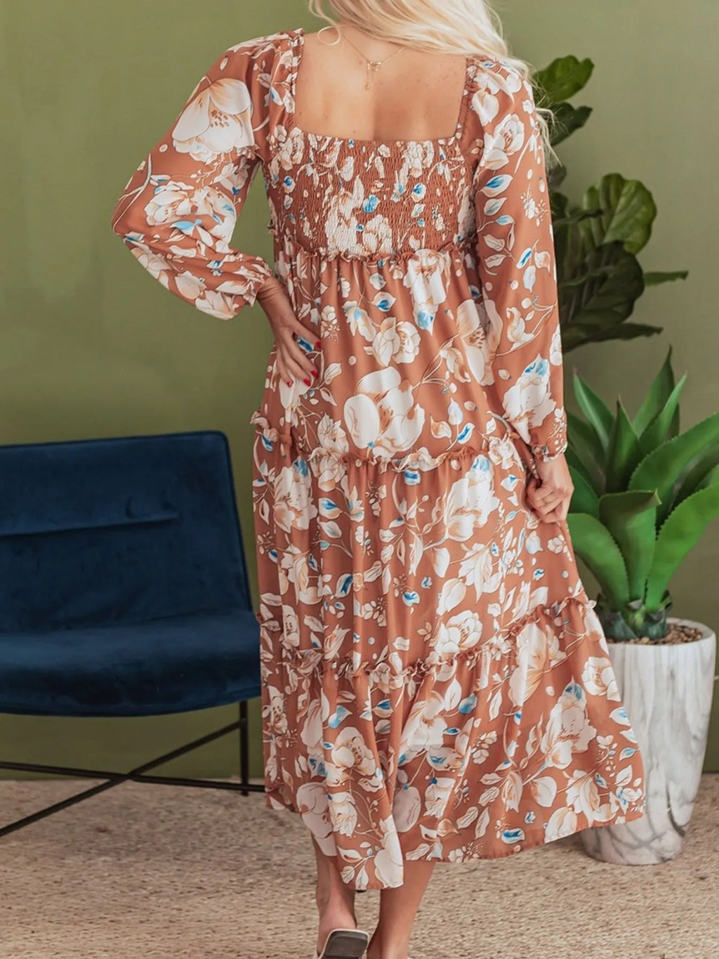 Smocked Printed Long Sleeve Tiered Dress