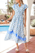 Hydrangea Floral Print Ruffle Trim Flutter Sleeve Dress