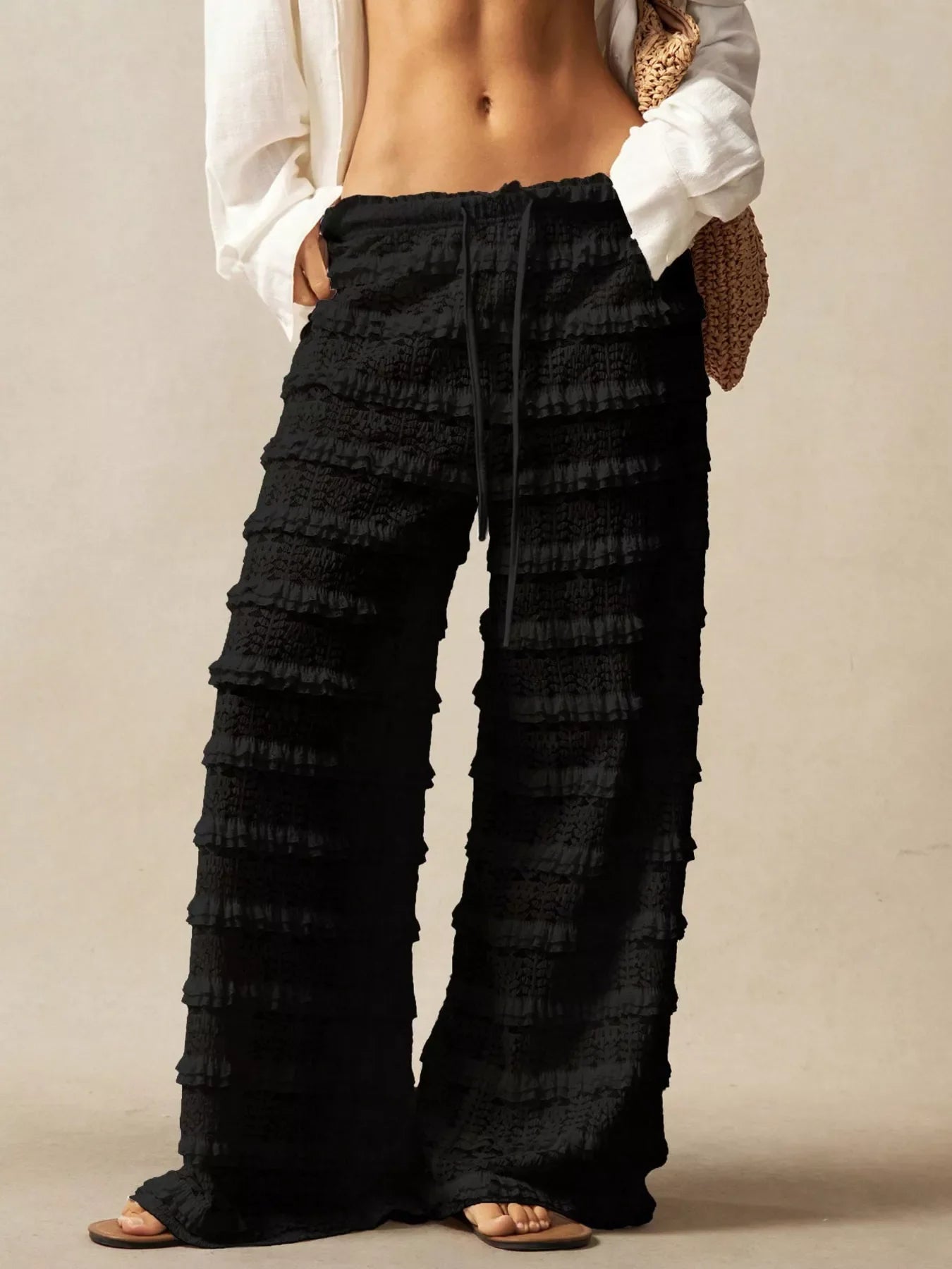 Lace Drawstring Wide-Leg Pants