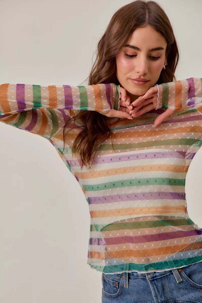 SO ME Mardi Gras Color Stripe Stretch Mesh Top