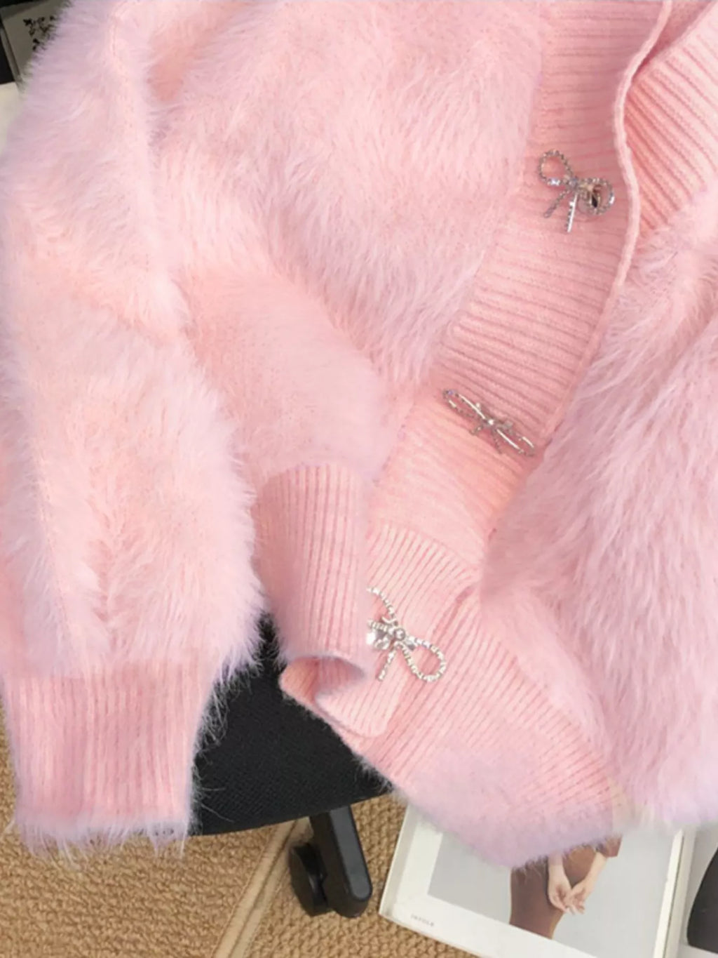 Fuzzy Bow Button Up Cardigan