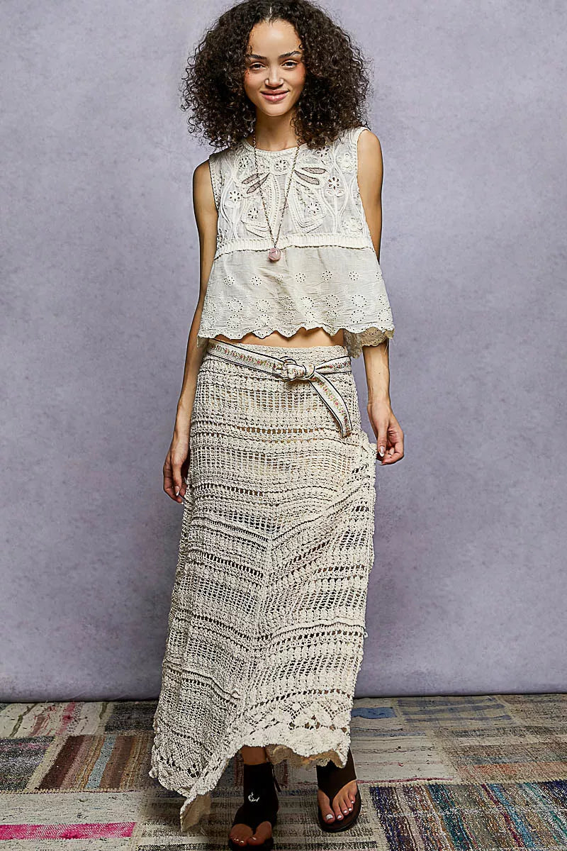 POL Sleeveless Flowy Fit Crochet Top with Scalloped Border Accents