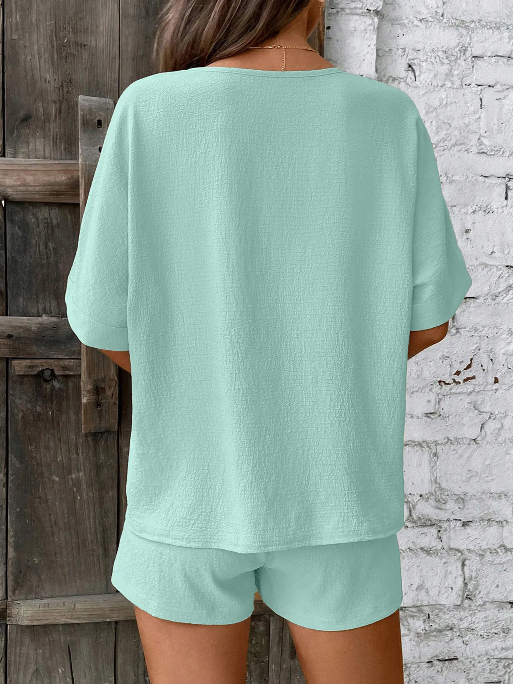 Relaxed Fit V-Neck Top and Shorts Two-Piece Set