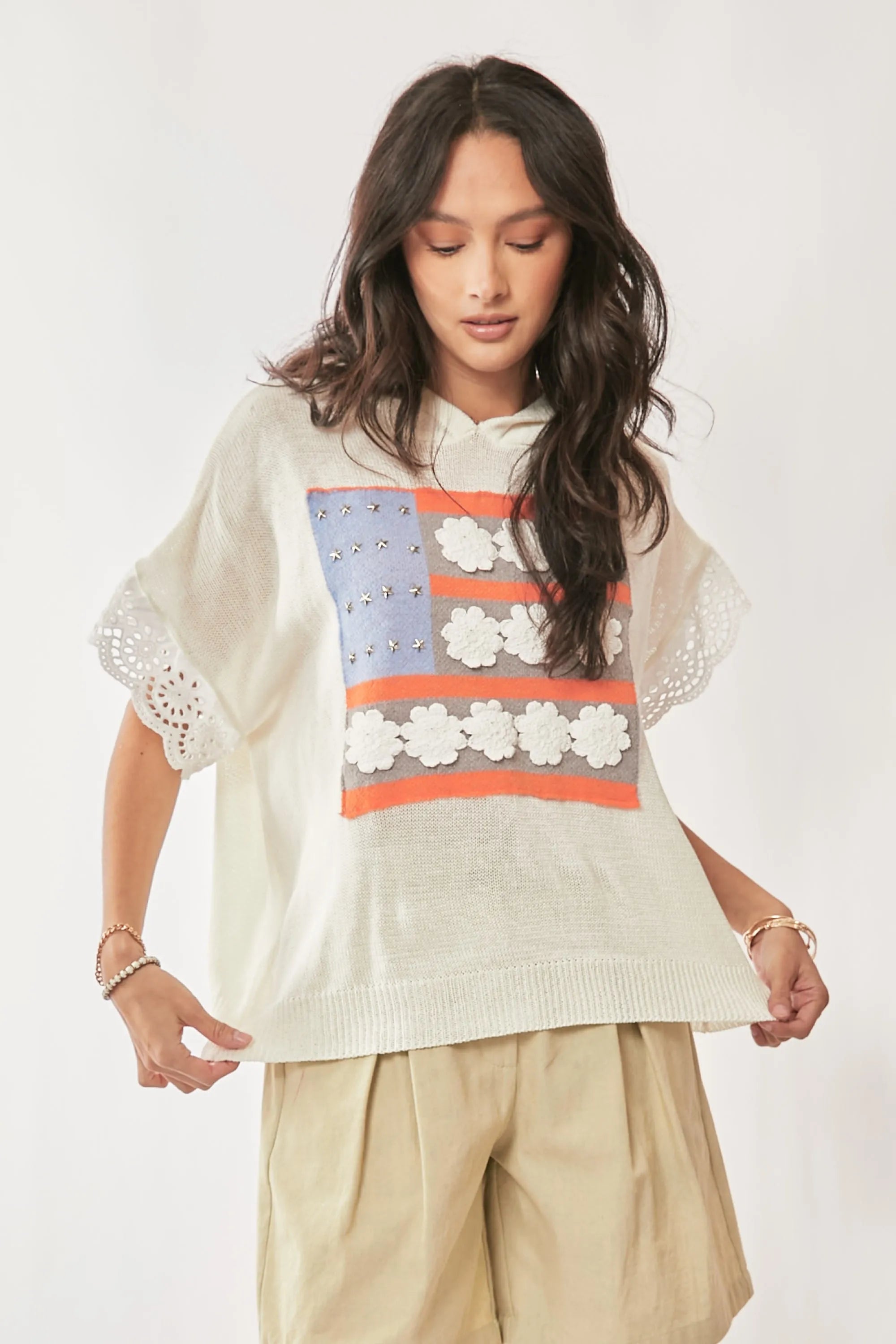 Davi & Dani American Flag Loose Fit Lace Sleeve Hoodie Top