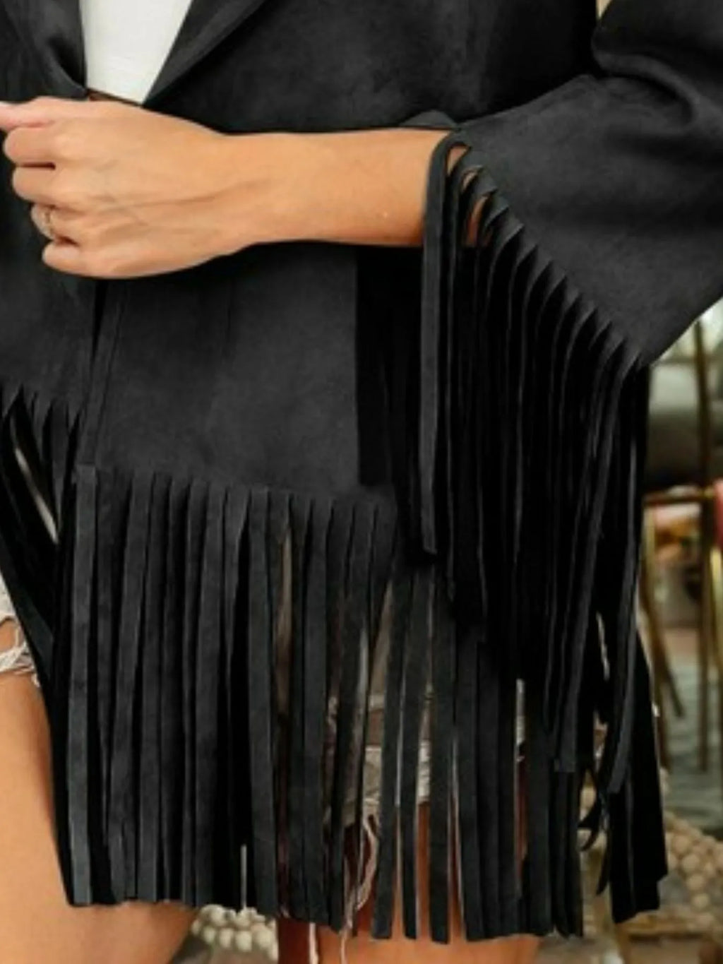 BiBi Suede Single Blazer with Fringed Hem