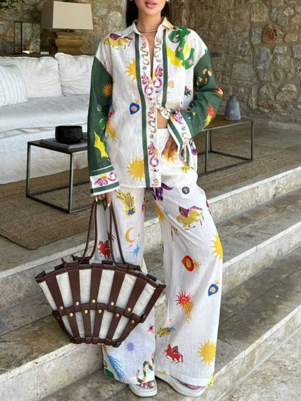 Printed Button Down Shirt and Pants Set