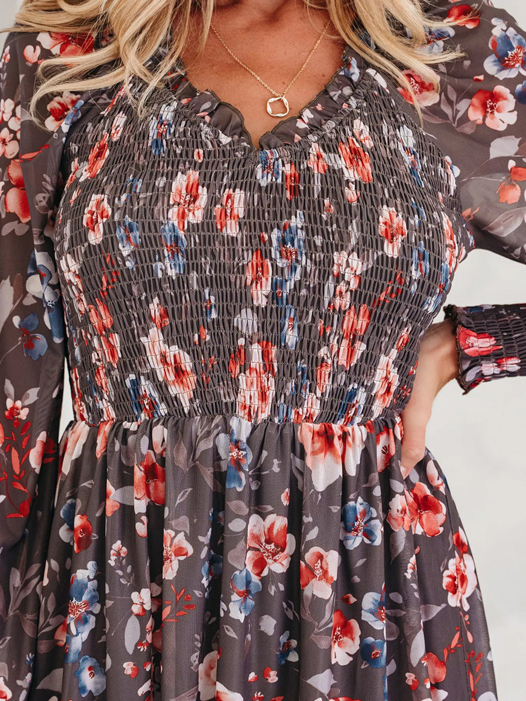 Frilly Smocked Bodice Floral Mesh Long Sleeve Mini Dress