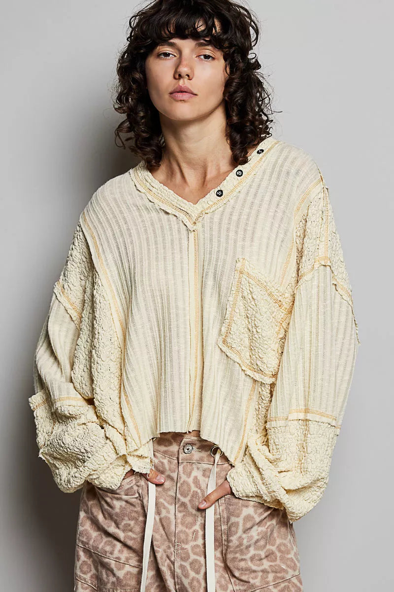 POL V-Neck Long Sleeve Top with Stitch Detail