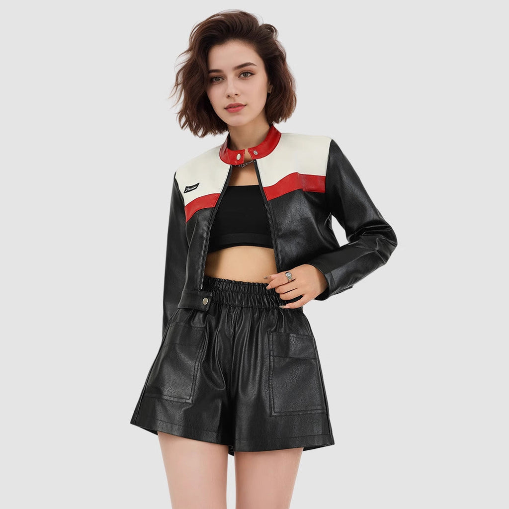 New Color Contrast Patchwork Motorcycle Clothing Pilot Jacket Short Version Coat