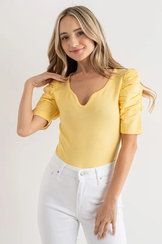 And The Why Shirring Puff Sleeve Bodysuit