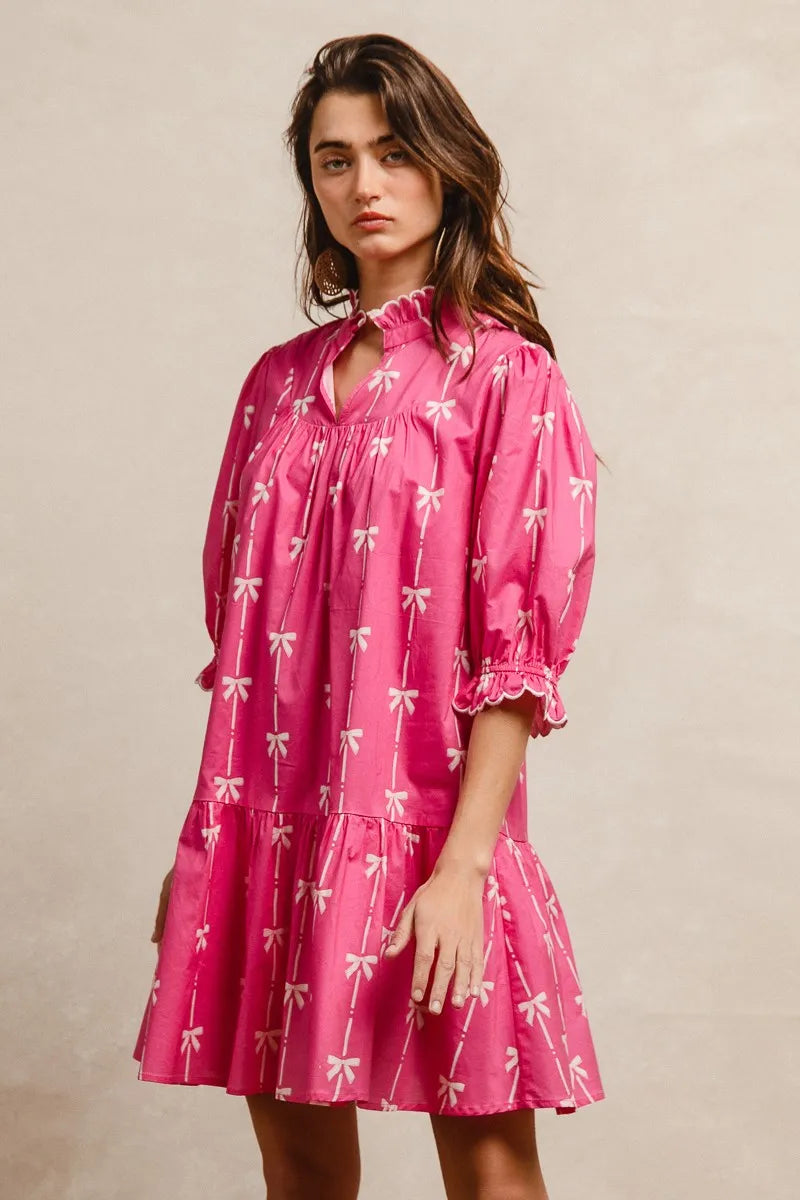 BiBi Ribbon Patterns With Scallops Edge Details Short Sleeve Dress