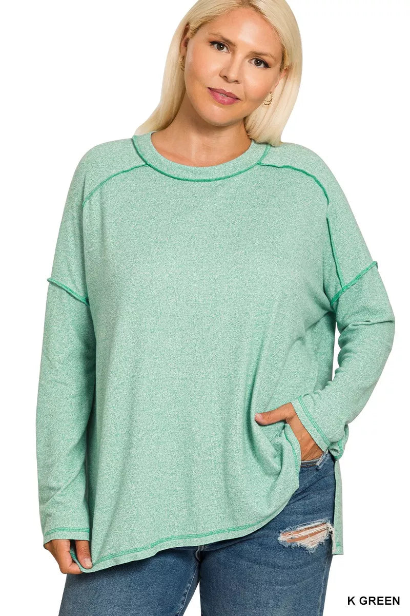 Zenana Full Size Melange Hacci Exposed Seam Hi-low Tee Plus Size