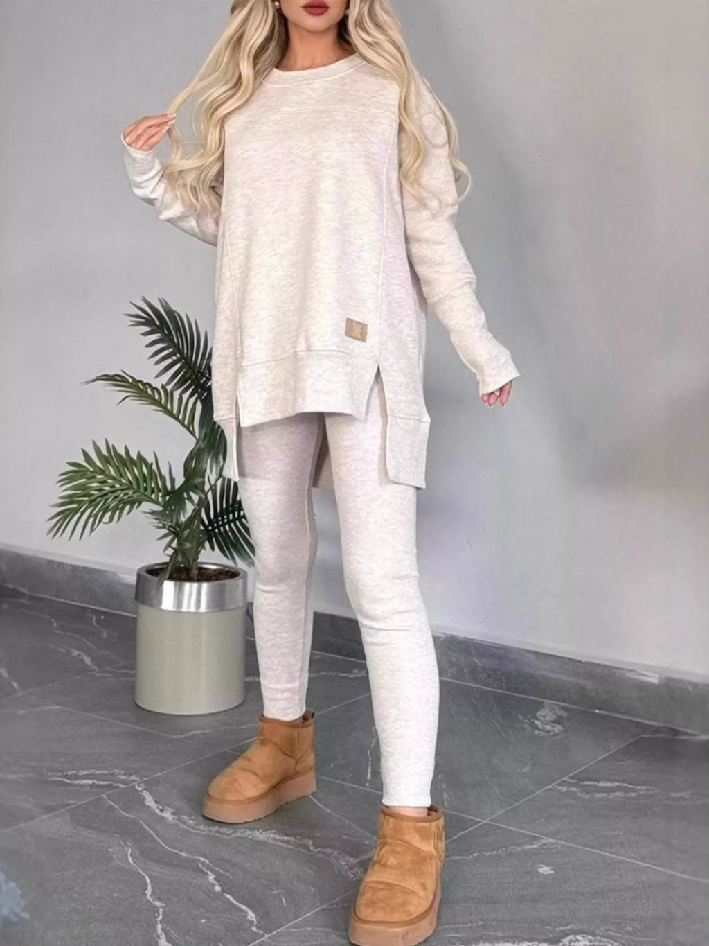 Full Size Slit Round Neck Top and Pants Set Plus Size