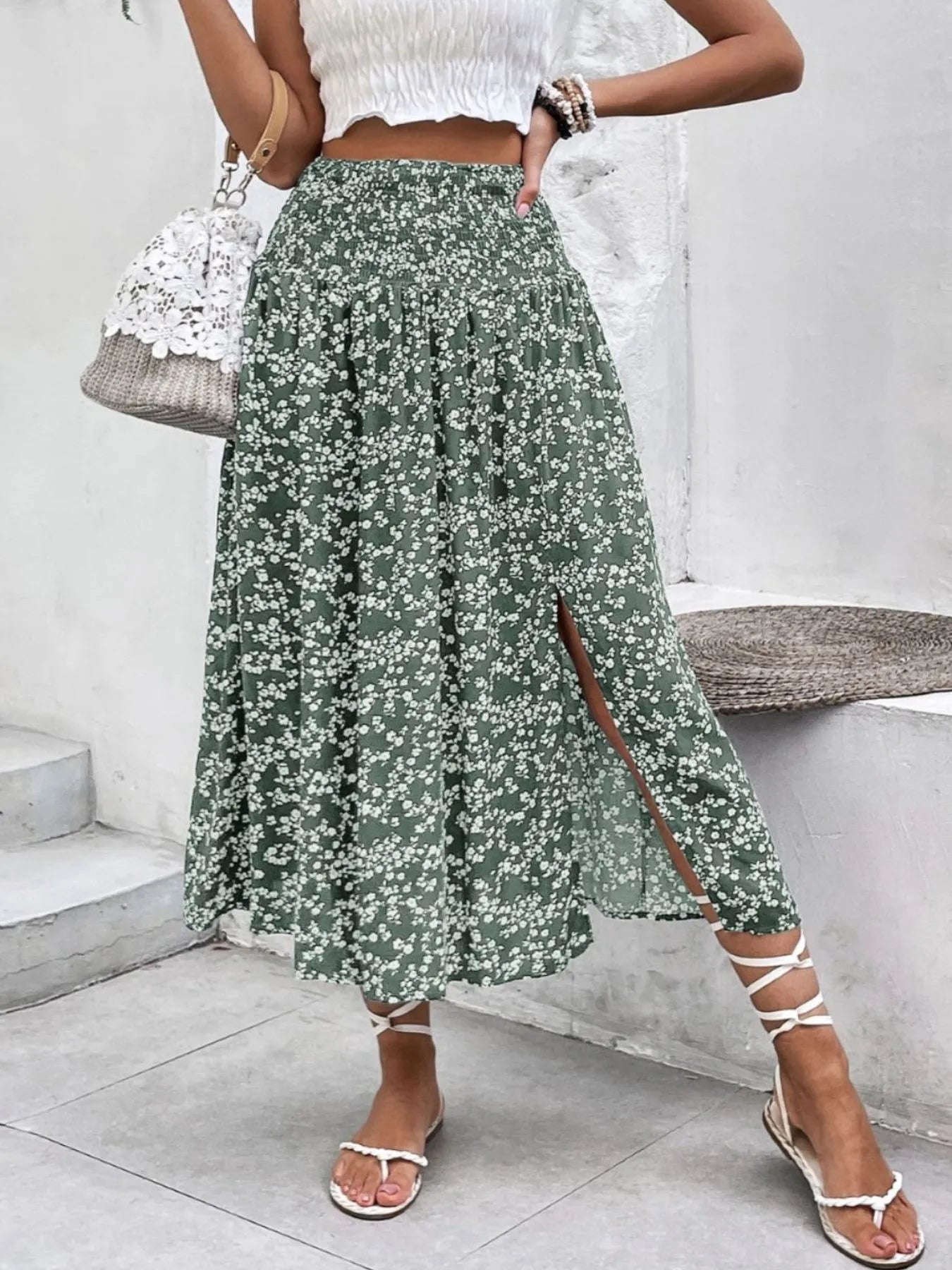 Slit Smocked Printed Skirt