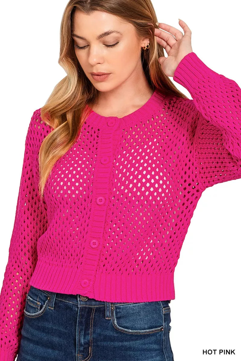 Zenana Button Down Lightweight Crochet Cardigan Sweater