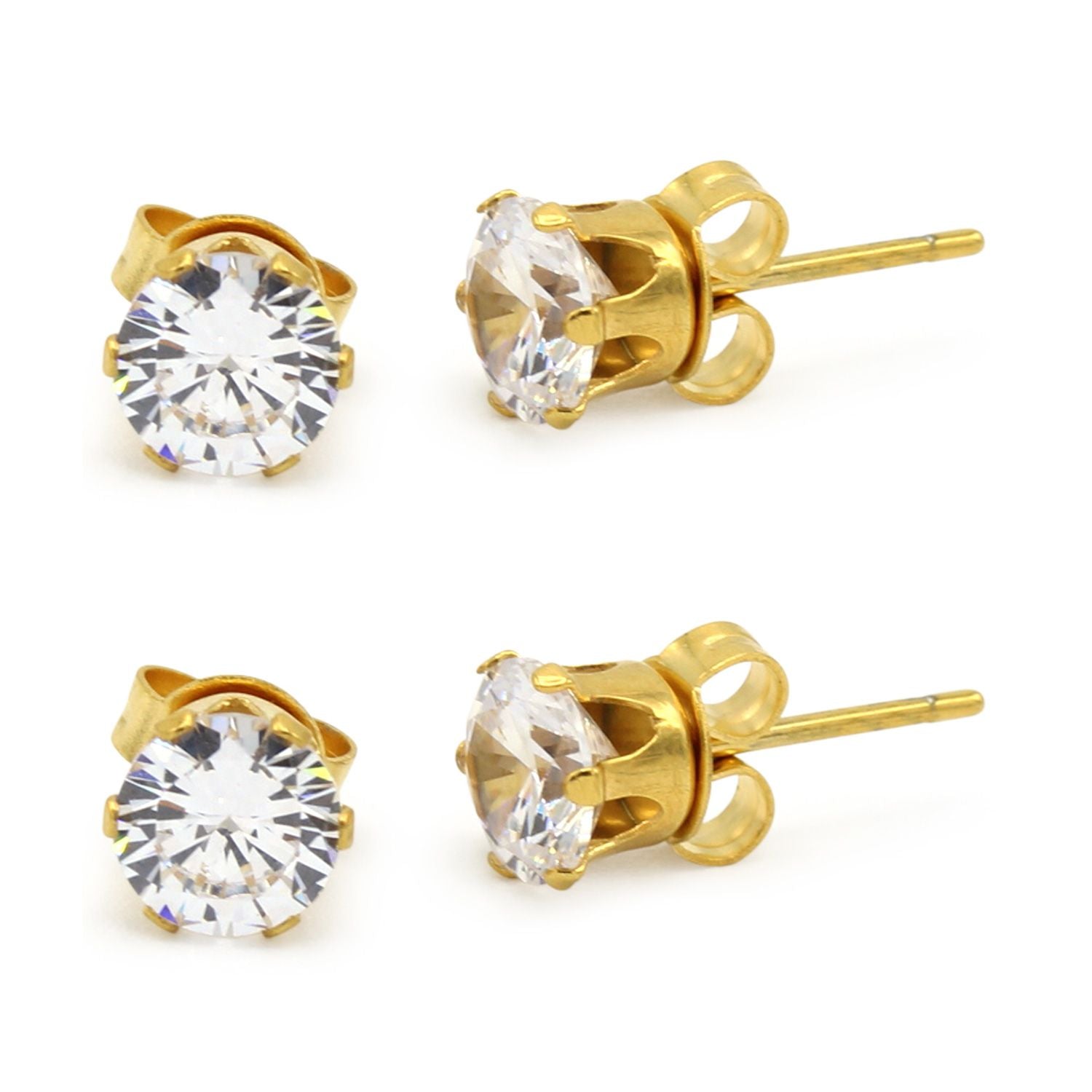 Cubic Zirconia Round 14K Gold Plated Stud Earrings Set Of 2 Stainless Steel Jewelry Men Women