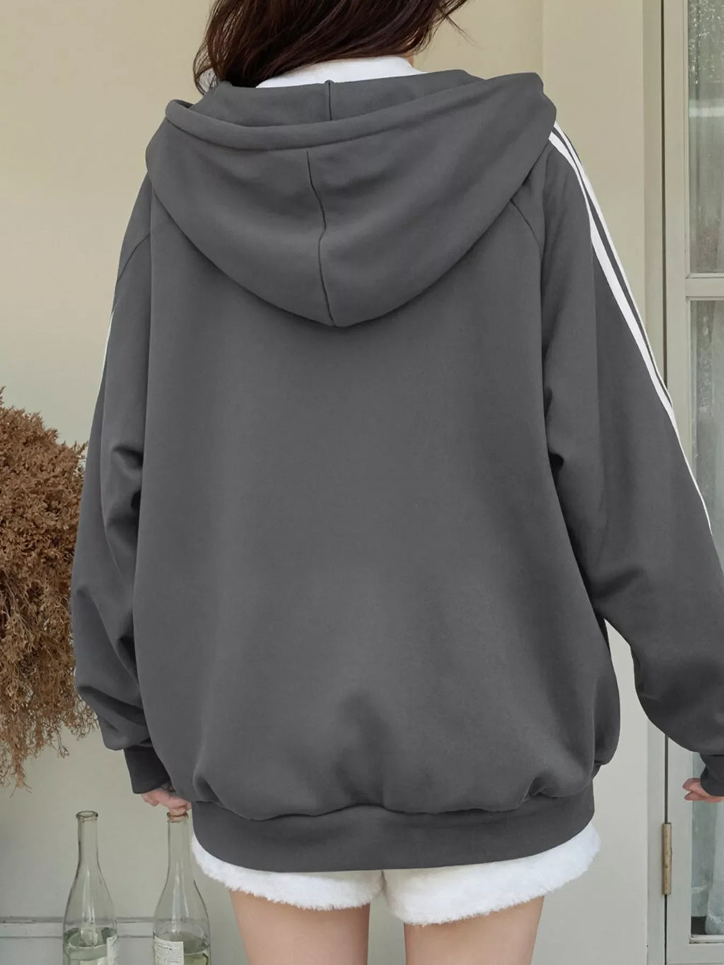 Striped Sleeve Zip-Up Hoodie