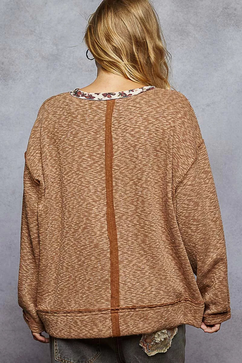 POL Balloon Sleeve Oversized Ribbed Top with Floral Pattern Contrast