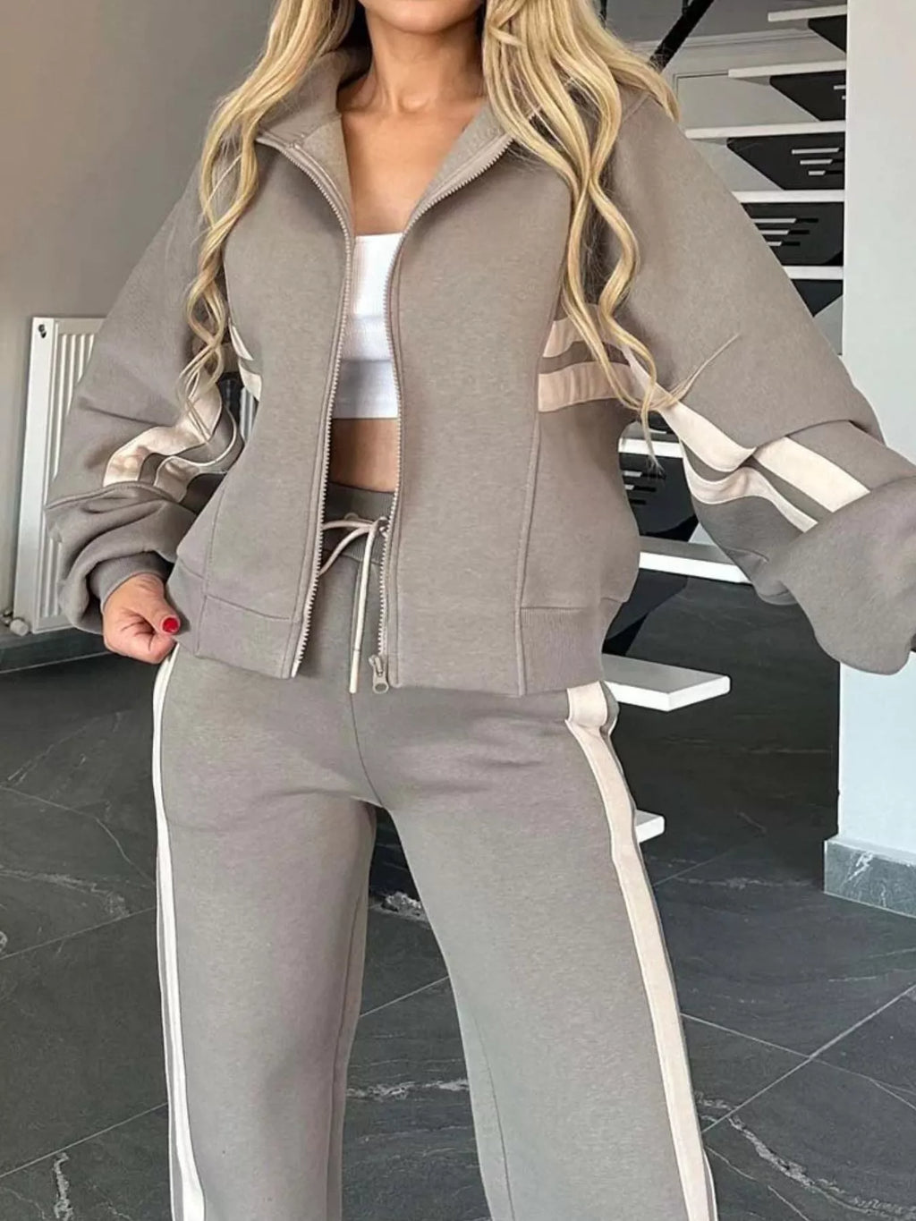 Full Size Striped Zip Up Outerwear and Pants Set Plus Size