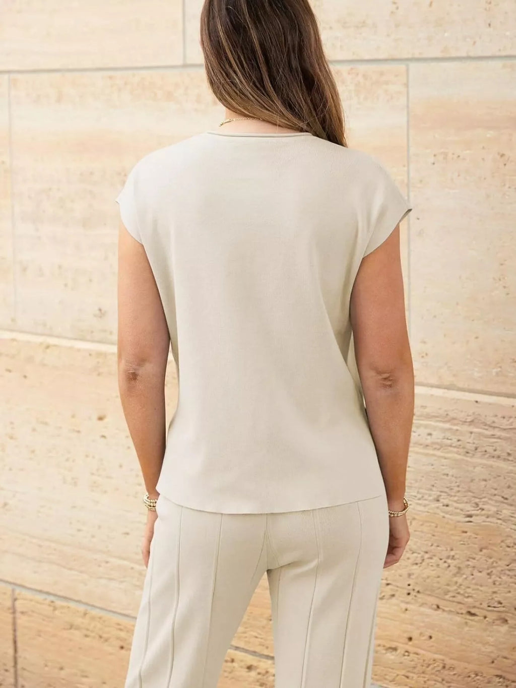 Casual Solid Color Cap Sleeve Top and Pants Knit Set