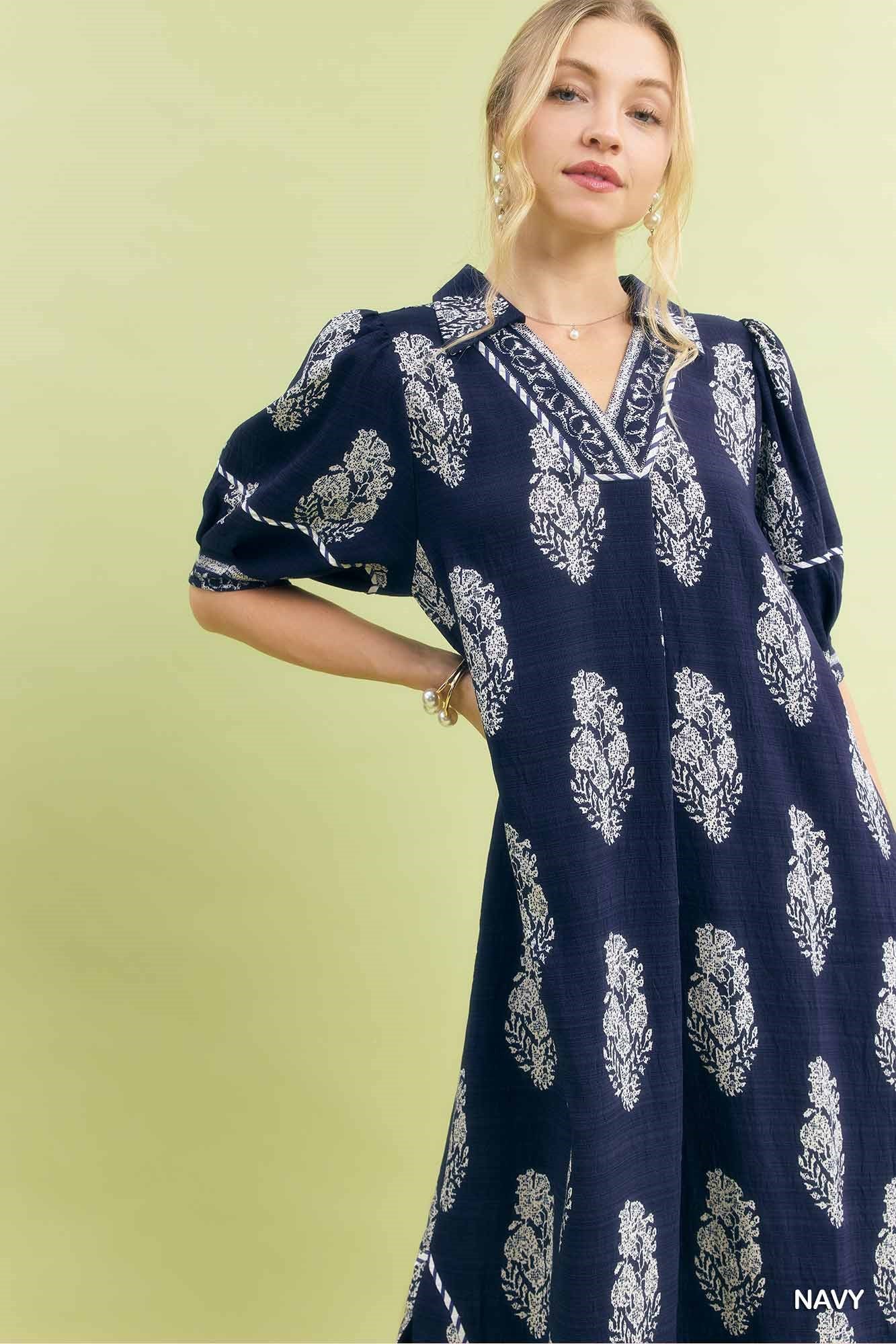 Umgee Border Print Collared Midi Dress