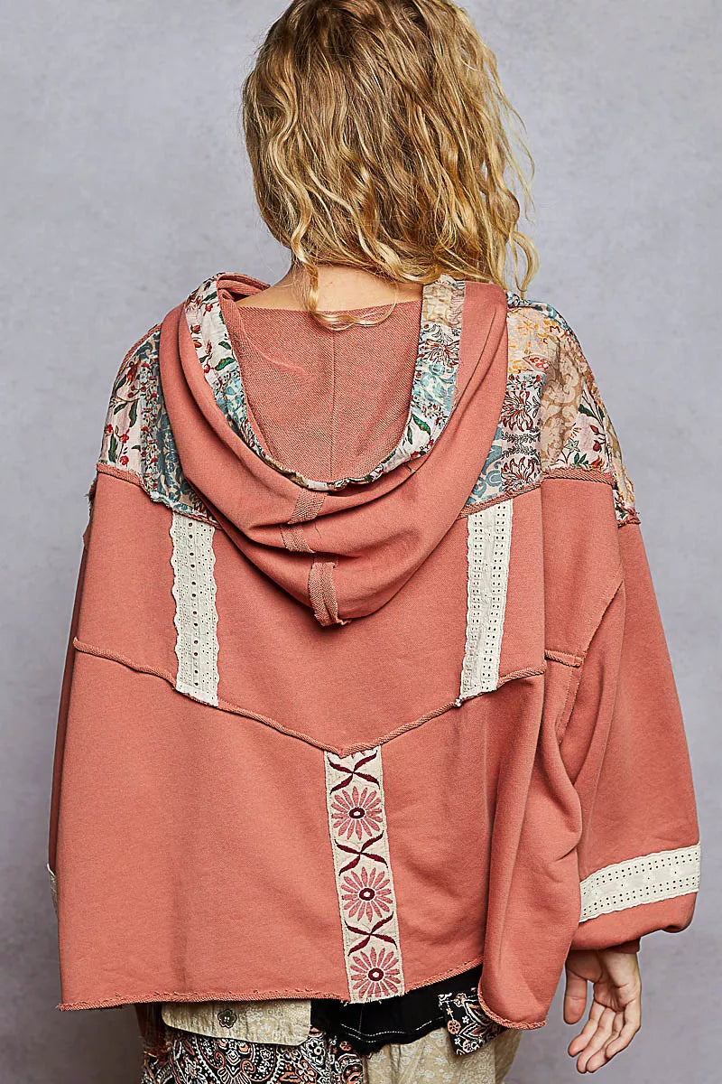 POL Drawstring French Terry Hoodie with Gauze Print Patch