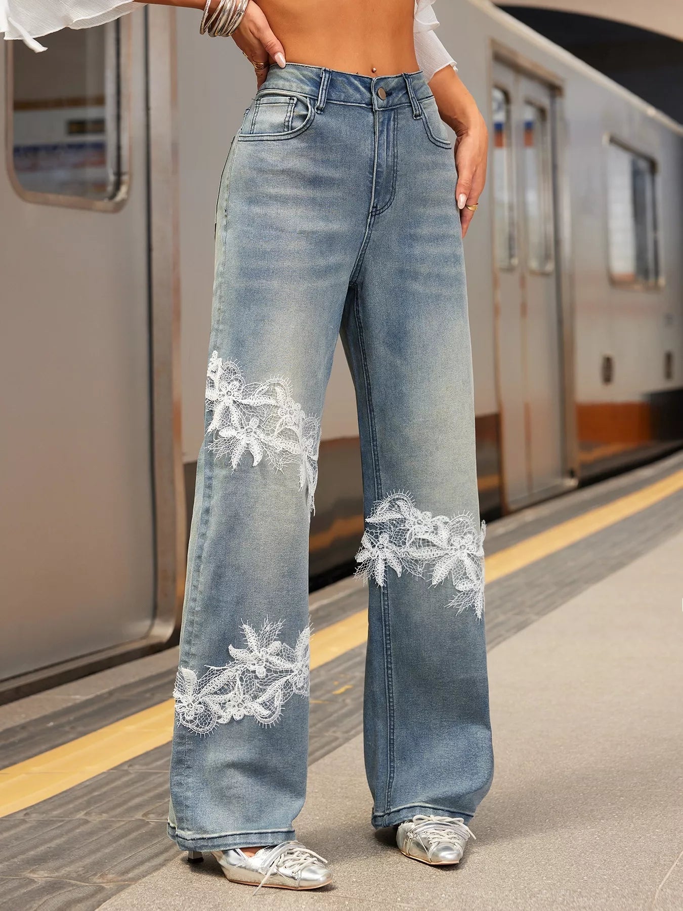 Lace Detail Wide Leg Jeans