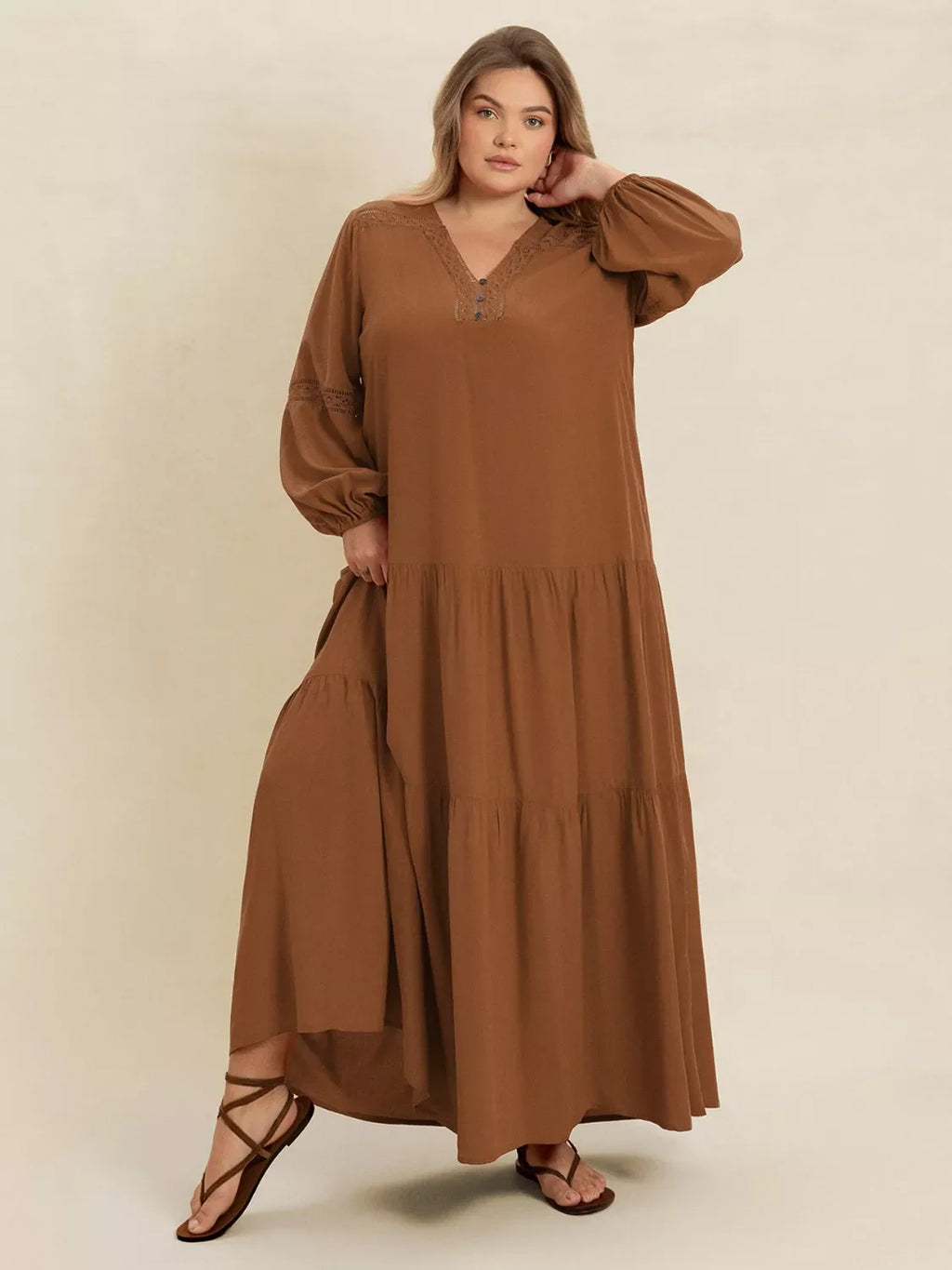 Plus Size Bohemian Tiered Maxi Dress with Balloon Sleeves