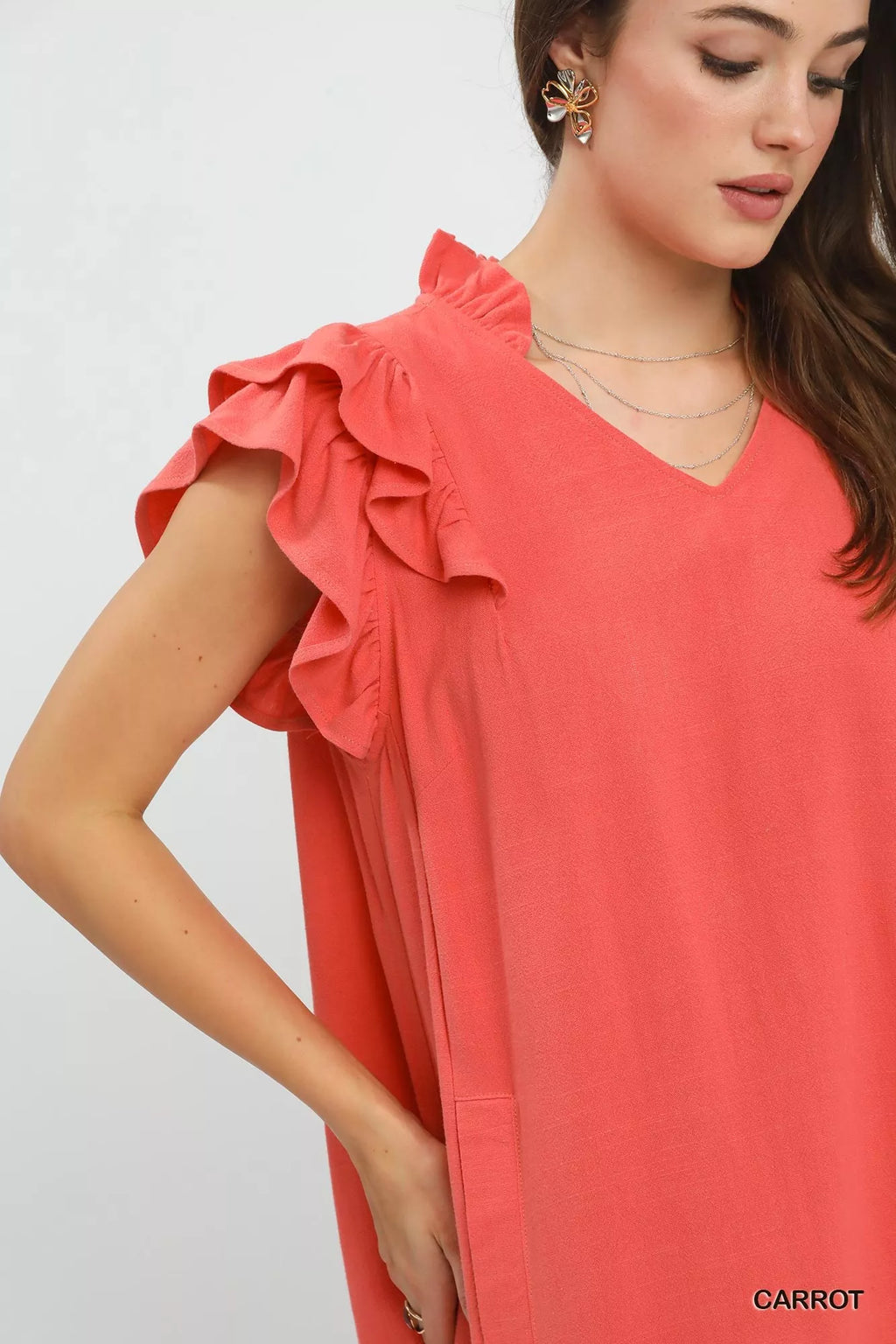 Umgee Linen Flutter Sleeve Shift Dress with Pockets