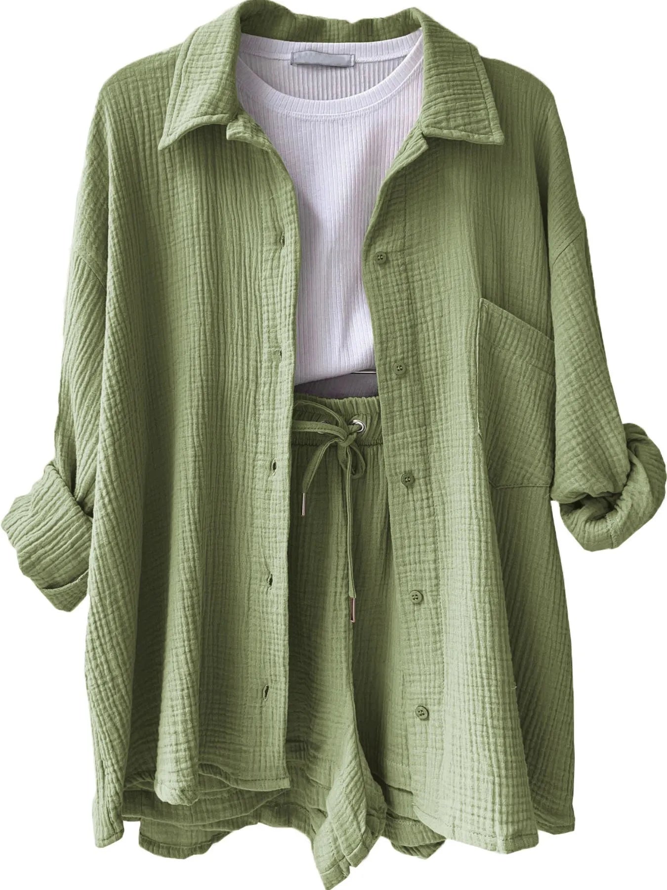 Textured Button Up Shirt and Shorts Set