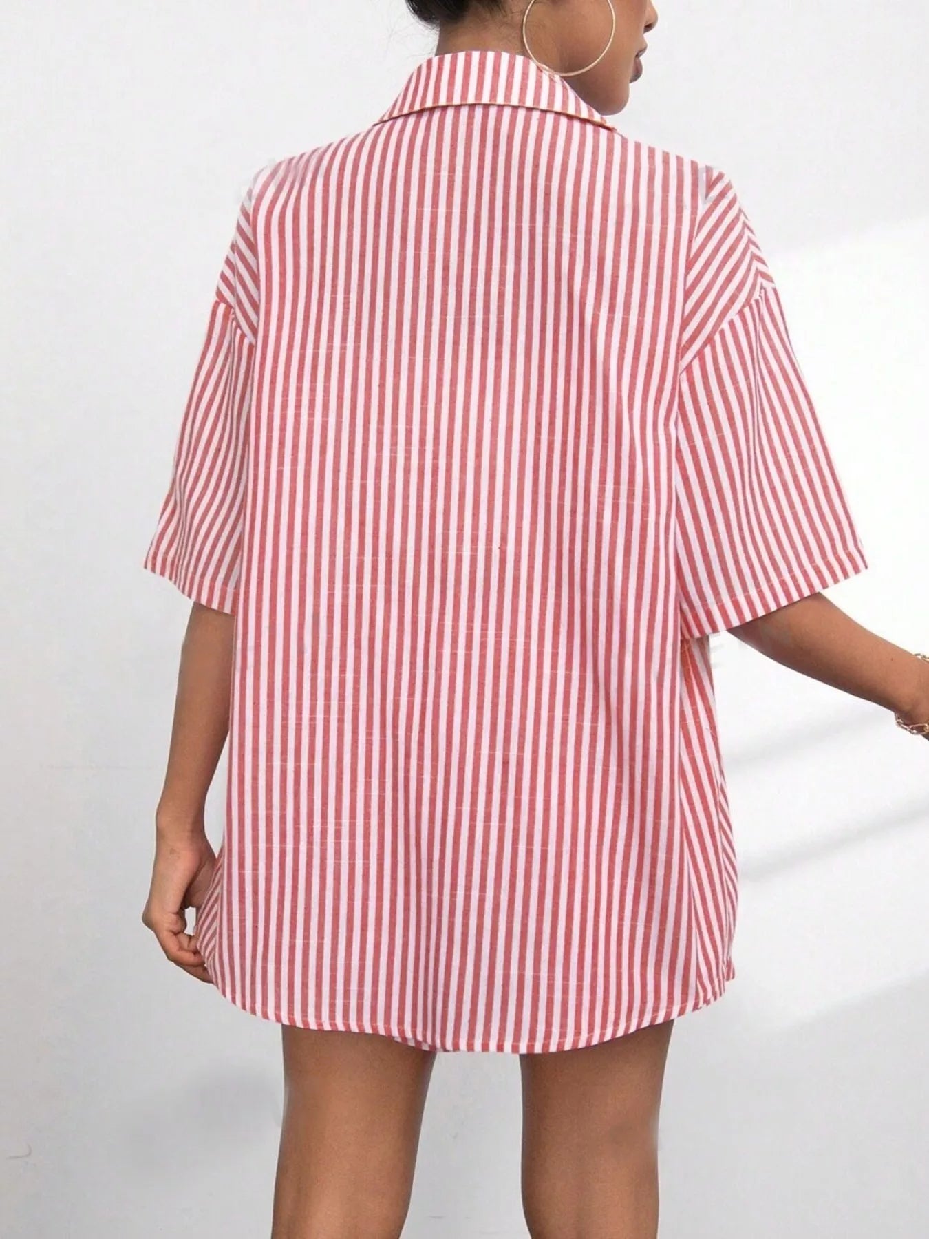 Striped Button Up Shirt and Shorts Casual Set