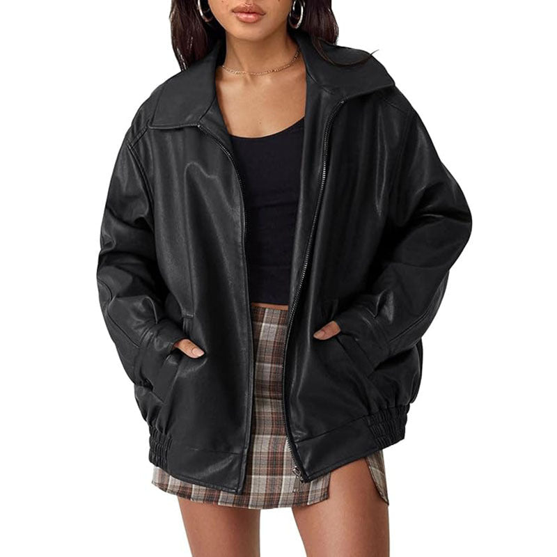 Spring And Autumn European And American Leather Jacket Locomotive Style Loose Top Coat Women