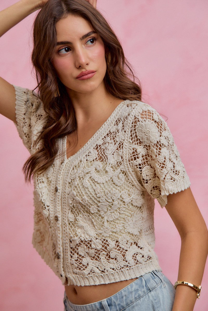 SO ME Floral Crochet Lace Button Down Cardigan