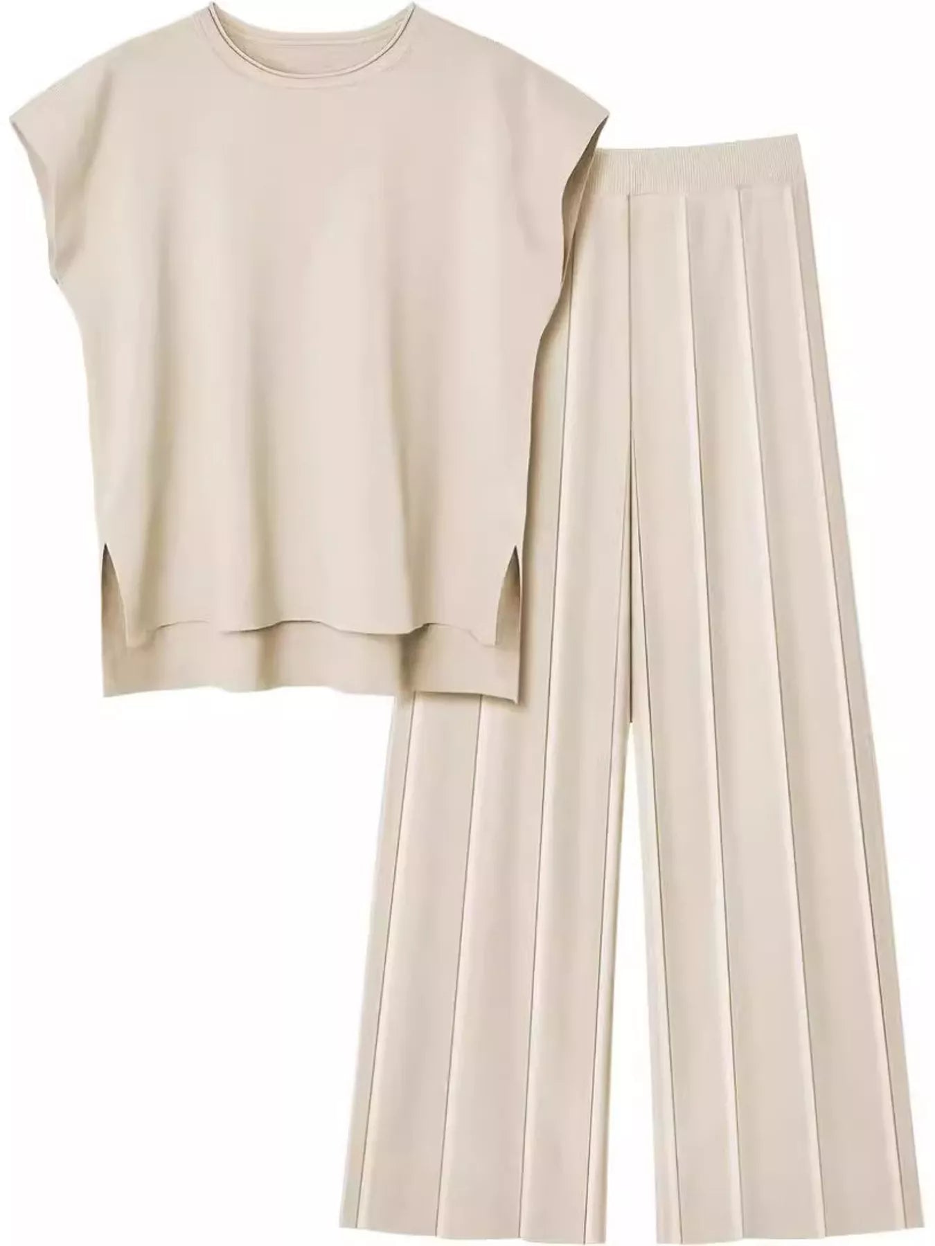 Casual Solid Color Cap Sleeve Top and Pants Knit Set