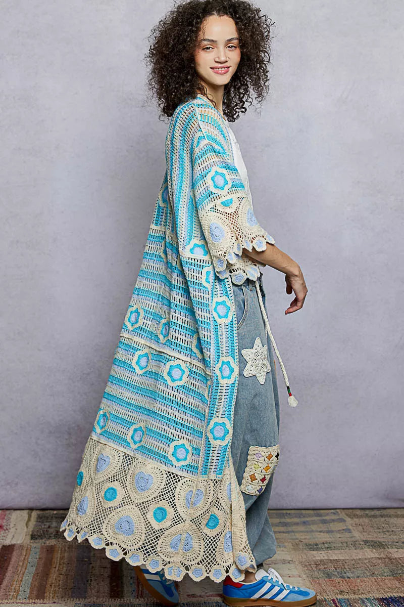 POL Striped and Floral Pattern Crochet Longline Cardigan